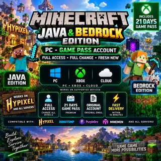 ⛏️ MINECRAFT JAVA + BEDROCK | 21-DAY GAME PASS | Full Access + Full Change| Hypixel Ready | Fast Delivery [LS-000133]