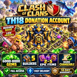 🔥 Clash of Clans TH18 Account | 6000+ Gems | 5 Builders | 2-5 Epic Items | Name Changeable | FA | Fast Delivery [LS-000121]