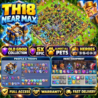 🔥 Clash of Clans TH18 NEAR MAX | 5X Epic Equipment | Almost All Pets | FA | Warranty [LS-000171]