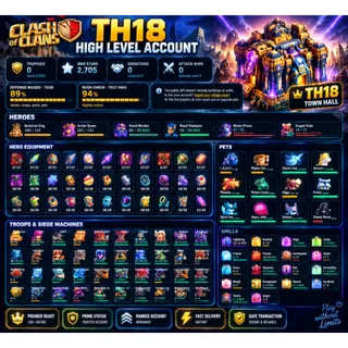 🔥 Clash of Clans TH18 NEAR MAX | Max Epic Equip | Heroes 100/101/85/55 | 8X Max Pets [LS-000193]
