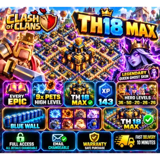 🔥 Clash of Clans TH18 MAX | All Epic Equipment | 9X High-Level Pets | XP 143 | Legendary Queen Ghost Skin  [LS-000170]