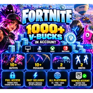 🔥 Fortnite 1000+ V-Bucks | 10+ Outfits + Pickaxes | Full Access | All Platforms | Fast Delivery [LS-000176]