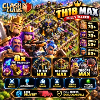 🔥 Clash of Clans TH18 MAX | 8X Epic Equipment | Max Defense + Troops | Heroes 70/80/55/59/37 | Fast Delivery [LS-000156]