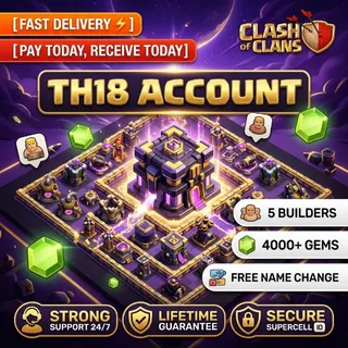 Clash of Clans TH18 Account | 4000+ Gems | 5 Builders | Free Name Change | Supercell ID | Guarantee & 24/7 Support [LS-000052]