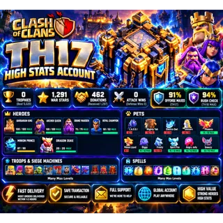 🔥 Clash of Clans TH17 | LVL 216 | MAX Heroes 100/100/75/50 | 5 MAX Pets | Premium Account | Fast Delivery [LS-000190]