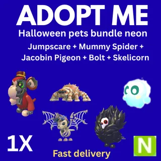  Halloween pets bundle neon Jumpscare + Mummy Spider + Jacobin Pigeon + Bolt + Skelicorn 1X  - ADOPT ME 