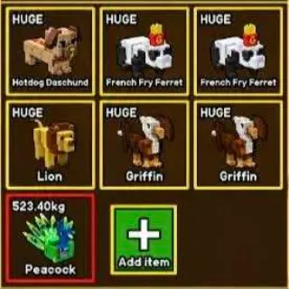INFERNO SET - COLOSSAL PEACOCK, ALL HUGE HOTDOG DASCHUND, 2X GRIFFIN, 2X FRENCH FRY FERRET, LION