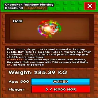 HUGE OXPECKER RAINBOW HOTDOG DASCHUND