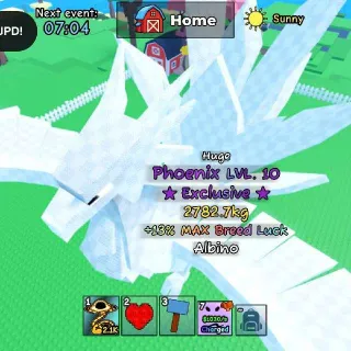 Huge Phoenix LVL. 10
Build
Index
★Exelusive ★
2782.7kg
Trade
+13% MAX Breed Luek
AlbinO - CATCH AND TAME