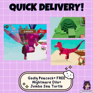 Godly Peacock 15s + FREE Nightmare Dilo & Jumbo Sea Turtle│Grow a Garden