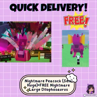 Semi Huge Nightmare Peacock (Age 100)│ + FREE Nightmare Large Dilophosaurus│Grow a Garden