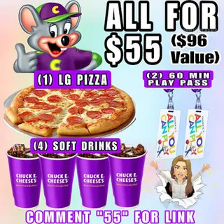 1 Chuck E Cheese Family Play & Pizza Package  ($54.99 value)