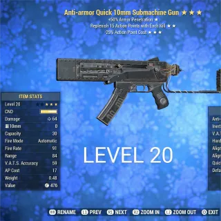 Lvl 20 AA RAP 25 10mm Submachine Gun