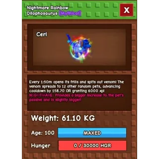 Huge Nightmare Rainbow Hatched Dilophosaurus | Age 100 | 60Kg