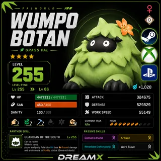 Palworld Wumpo Botan Every Skill / level 