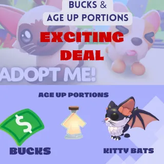 90k+ Bucks,  x120 age Up Portions and	4 kitty bats, 1 icy porcupine