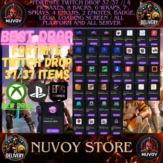 FORTNITE TWITCH DROP 37/37 // 4 Pickaxes, 8 Backs, 6 Wraps, 7 Sprays, 4 Emojis, 2 Emotes, Badge, Lego and more // All Platform