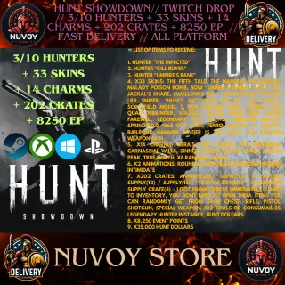  Hunt Showdown// Twitch Drop // 3/10 HUNTERS + 33 SKINS + 14 CHARMS + 202 CRATES + 8250 EP  // Fast Delivery // All platform
