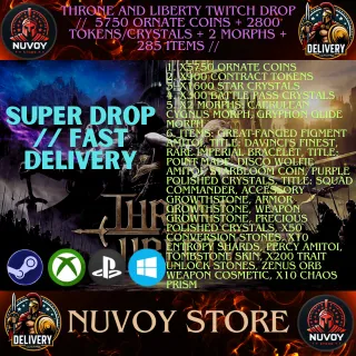 Throne and liberty twitch drop //  5750 Ornate Coins + 2800 Tokens/Crystals + 2 Morphs + 285 Items //