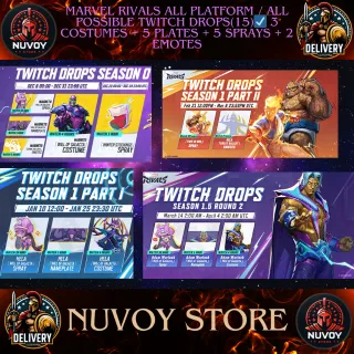 MARVEL RIVALS ALL PLATFORM / ALL POSSIBLE TWITCH DROPS(12)☑️ 2 COSTUMES + 4 PLATES + 4 SPRAYS + 2 EMOTES