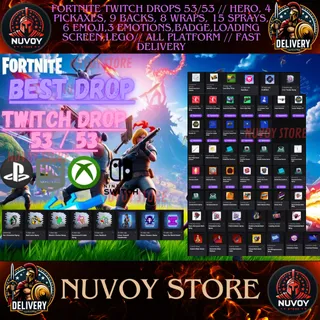 FORTNITE TWITCH DROPS 53/53 // HERO, 4 PICKAXES, 9 BACKS, 8 WRAPS, 15 SPRAYS, 6 EMOJI,3 EMOTIONS And MORE // All Platform 