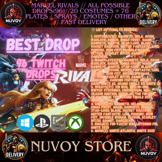 Marvel Rivals // ALL POSSIBLE DROPS(96)//20 COSTUMES + 76 PLATES / SPRAYS / EMOTES / OTHER  // Fast Delivery