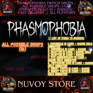 PHASMOPHOBIA TWITCH DROPS / ALL POSSIBLE DROPS (16)☑️ Animated/Holo ID + Badges// Fast Delivery // ALL PLATFORM