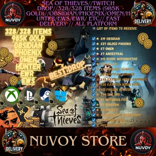 Sea of thieves//twitch drop//328/328 ITEMS (985K Gold)//Obsidian/Phoenix/Omen/Hunter/EWS/EWR/ etc//Fast Delivery //all platform