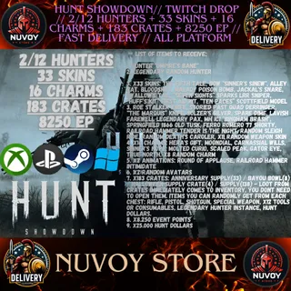  Hunt Showdown// Twitch Drop // 2/12 HUNTERS + 33 SKINS + 16 CHARMS + 183 CRATES + 8250 EP // Fast Delivery // All platform