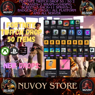 FORTNITE TWITCH DROP 50/50 // 2 PICKAXES+2 WRAPS+LOADING SCREEN+5 BACK+11 SPRAYS + 25 EMOJI// All Platform 