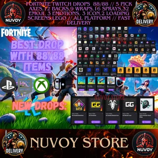 FORTNITE TWITCH DROPS  88/88 // 5 PICK AXES,12 BACKS,9 WRAPS,16 SPRAYS,32 EMOJI and more... // All Platform // fAST dELIVERY