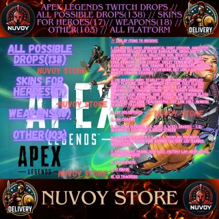 Apex Legends Twitch Drops // ALL POSSIBLE DROPS(138) // SKINS FOR HEROES(17) // WEAPONS(18) // OTHER(103) // all platform