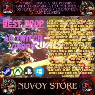 MArvel rivals // ALL POSSIBLE TWITCH DROPS(60)//12 COSTUMES + 35 PLATES / SPRAYS + 13 EMOTES// Fast Delivery