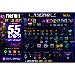 FORTNITE TWITCH DROPS // 55/55 // HERO+2 PICKAXES+3 WRAPS+LOADING SCREEN+6 BACK and more // All Platform and all server