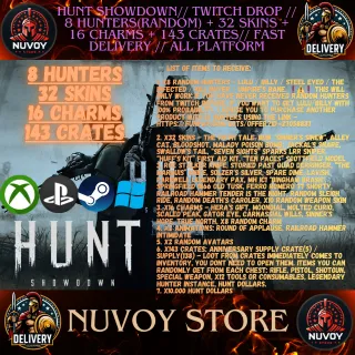  Hunt Showdown// Twitch Drop // 8 HUNTERS(Random) + 32 SKINS + 16 CHARMS + 143 CRATES // Fast Delivery // All platform