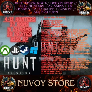 Hunt Showdown// Twitch Drop // 4/12 HUNTERS + 37 SKINS + 16 CHARMS + 211 CRATES + 8250 EP // All platform