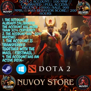Dota 2 Account// 100 MMP // CALIBRATED //FULL ACCESS// DECENCY 10000//Sale, 900 MMR//11685 Behavior score// 200 hours