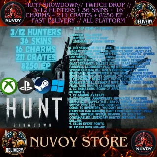  Hunt Showdown// Twitch Drop //  3/12 HUNTERS + 36 SKINS + 16 CHARMS + 211 CRATES + 8250 EP  // Fast Delivery // All platform
