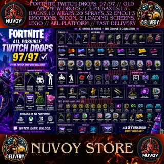 FORTNITE TWITCH DROPS 97/97 // old and new drops // 5 PICKAXES + 13 BACKS + 10 WRAPS + 20 SPRAYS + 32 EMOJI // All Platform