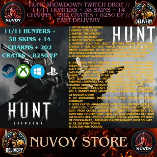  Hunt Showdown Twitch Drop // 11/11 HUNTERS + 38 SKINS + 14 CHARMS + 202 CRATES + 8250 EP // Fast Delivery