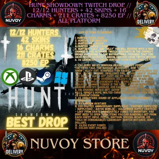  Hunt Showdown Twitch Drop // 12/12 HUNTERS + 42 SKINS + 16 CHARMS + 211 CRATES + 8250 EP // All platform