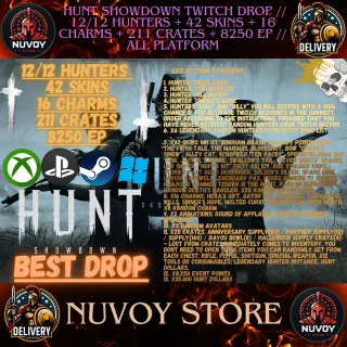  Hunt Showdown Twitch Drop // 12/12 HUNTERS + 42 SKINS + 16 CHARMS + 211 CRATES + 8250 EP // All platform