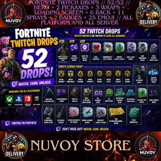 FORTNITE TWITCH DROPS // 52/52 // HERO + 2 PICKAXES + 3 WRAPS + LOADING SCREEN + 6 BACK + 11 SPRAYS  // All Platform 