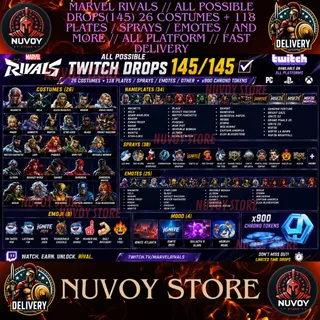 Marvel Rivals // ALL POSSIBLE DROPS(145) 26 COSTUMES + 118 PLATES / SPRAYS / EMOTES / AND MORE // ALL PLATFORM