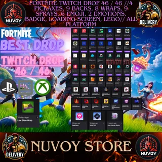 FORTNITE TWITCH DROP 46 / 46 //4 PICKAXES, 9 BACKS, 8 WRAPS, 9 SPRAYS, 6 EMOJI, 2 EMOTIONS, BADGE, LOADING SCREEN, LEGO