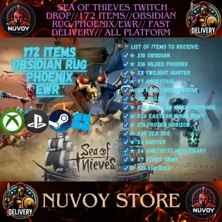  Sea of thieves twitch drop//172 ITEMS//Obsidian Rug/Phoenix/EWR// Fast Delivery// all platform