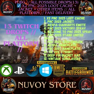PUBG Twitch Drops // ALL POSSIBLE DROPS(13) ☑️ x2 PNC 2025 Loot Cache + Jacket + Other items // FAST DELIVERY // only Steam