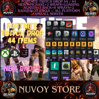 FORTNITE TWITCH DROP 44 / 44 HERO+PICKAXE+2 WRAPS+LOADING SCREEN+3 BACK+8 SPRAYS+2 BADGES+25 EMOJI // All Platform