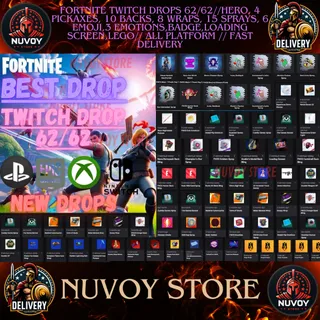 FORTNITE TWITCH DROPS 62/62//HERO, 4 PICKAXES, 10 BACKS, 8 WRAPS, 15 SPRAYS, 6 EMOJI,3 EMOTIONS,BADGE,LOADING SCREEN,LEGO