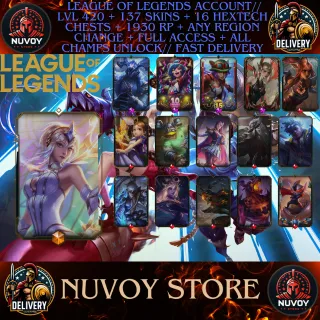 League of legends Account// LVL 420 + 137 SKINS + 1930 RP + Any Region + Full Access + All Champs Unlock // Fast Delivery